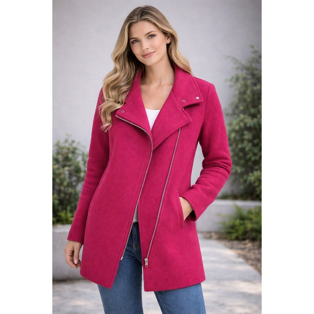 LOFT Ann Taylor "Cherry Jam" Wooly Funnel Neck Moto Zip Soft Coat size XS